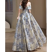 voordelige Lange Jurken en Gowns-Jacquard Brocade A-Lijn Prom Jurken Elegante Jurk Bruiloft Gast Avondfeest Vloerlengte Off Shoulder Mouw met Bloemenprint Bruiloft Gast Jurk