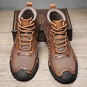 baratos Botas de cano curto-Botas casuais masculinas de couro sintético marrom de cano alto com sola de borracha antiderrapante - calçados duráveis para caminhadas ao ar livre, viagens e uso diário