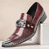 abordables Mocassins en cuir de qualité supérieure-Mocassins en cuir à motif crocodile bordeaux pour hommes avec boucle en métal et détail de pierres précieuses, chaussures habillées de luxe pour mariages, fêtes et occasions formelles
