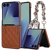 お買い得  サムスン用ケース-電話 ケース 用途 サムスンのギャラクシー Zフリップ7 Zフリップ6 Z Flip 5 Z Flip 4 バックカバー ストラップ付き 耐衝撃 レトロ風 TPU PUレザー