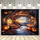 cheap Halloween Wall Tapestries-Halloween Witch Window Tapestry, Spooky Full Moon and Flying Witch Silhouette Wall Hanging, Polyester Fabric Haunted House Decor for Living Room, Bedroom, Dorm, or Party, Wrinkle-Free, Easy to Hang, Gothic Room Aesthetic Decoration