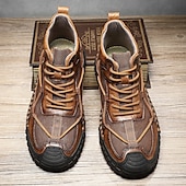 preiswerte Stiefeletten-Braune High-Top-Freizeitsneaker aus Leder für Herren mit Ziernähten und strapazierfähiger Gummisohle – modische Komfortschuhe für Outdoor und Stadt