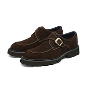 abordables Chaussures de Costume Classiques-Chaussures à boucle en cuir suédé marron pour homme - Chaussures classiques en cuir de vachette véritable de première couche pour le bureau et les occasions formelles
