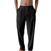 billiga Semester-Herr Linne Byxor Långbyxor Sommarbyxor Strandbyxor Snörning Ficka Elastisk midja Slät Komfort Andningsfunktion Semester Dagligen Helgdag Hawaiisk Boho 다크 카키 Svart
