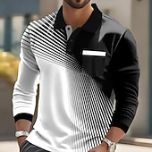 billiga Geometrisk pikétröja för män-Herr Geometrisk Polo Långärmad Polotröjor Kavajslag Ledigt Business Casual Fritids- Dagliga kläder Ficka 3D-utskrift Knappar Vår Höst Svart Rubinrött Blå