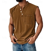 preiswerte Fitness Tank-Tops-Herren Tank Top Weste Top Unterhemd Ärmellos Shirt Baumwolle Ärmellos Henley Sommer Einfarbig Mode Designer Basic Tasche Knöpfe Urlaub Street Ausgehen Schwarz Hellgrün Rosa Top Tee für Männer