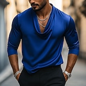 preiswerte Satinhemden für Herren-Herren Hemd Seidenartig Satinhemd Freizeithemd Einfach Formell Hochzeit Schwarz Weiß Marineblau Gold Langarm Wasserfallausschnitt Frühling &amp; Herbst Ganzjahres Bekleidung Gerafft