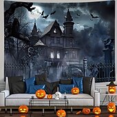 cheap Halloween Wall Tapestries-Skull in the Sky Halloween Tapestry – Spooky Graveyard Wall Hanging with Full Moon &amp; Fog, Gothic Horror Decoration for Haunted Room Aesthetic