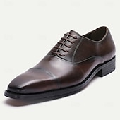 abordables Classic Dress Shoes-Men's Brown Leather Oxford Dress Shoes – Classic Lace-Up Business Formal Shoes for Office, Weddings and Parties
