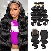 voordelige 3 bundels met sluiting-Braziliaanse bodywave van menselijk haar, weefextensie van menselijk haar, 3 bundels met sluiting, 4x4 kantsluiting