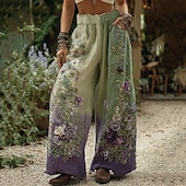 abordables jambe large et taille haute-Femmes Jambe large Pantalons Pantalon palazzo ancien Boho Longueur complète Taille haute Fleur Taille Élastique Impression Respirabilité Confortable Rue Tenue quotidienne Sortir Vert Printemps Automne