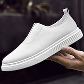 abordables Chaussures Décontractées Slip-On-Chaussures blanches à enfiler en cuir pour hommes - minimalistes et confortables, adaptées aux professionnels occupés au bureau et dans des environnements décontractés