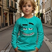 billiga Pojkens 3D-djur-Pojkar tecknat roligt leende ansikte t-shirt långärmad 3D-tryck höst vintermode grundläggande barn 4-12 år rund hals utomhus casual daglig normal passform