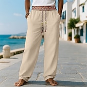 baratos Feriado-Homens Calças de linho Calças Calça verão Calças largas Calça Boho Com Cordão Patchwork Cintura elástica Tecido Conforto Respirável Comprimento total Ao ar livre Casual Diário Moda Estilo Clássico