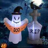 economico Halloween all&#039;Aperto-1 pezzo da 1,5 m/5 piedi di Halloween con cappello da mago fantasma e lapide corvo a led con luce gonfiabile modello aria interno ed esterno cortile horror ornamento luminoso spina USA/UE/UK/AU