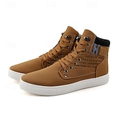 cheap Men&#039;s Sneakers-Men&#039;s Tan Faux Leather High-Top Sneakers with Lace-Up Design, Stylish Casual Shoes for Walking, Work and Weekend Outfits