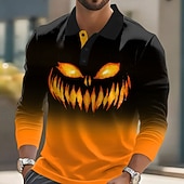 billiga Halloween Polos-Halloween Herr Pumpa Polo Långärmad Polotröjor Kavajslag Ledigt Gata Fritids- Dagliga kläder 3D-utskrift Knappar Vår Höst Vinter Blå Purpur Orange