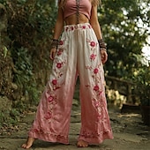 abordables jambe large et taille haute-Femmes Jambe large Pantalons Pantalon palazzo ancien Boho Longueur complète Taille haute Fleur Taille Élastique Impression Respirabilité Confortable Rue Tenue quotidienne Sortir Rose dragée Printemps