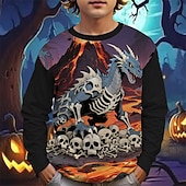 billiga Pojkes Halloween kostymer-Halloween Pojkar 3D Tecknat Dödskalle Dinosaurie T-shirt Långärmad Vår Höst Mode Grundläggande Barn 4-12 år Rund hals Utomhus Ledigt Dagligen Normal