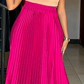 preiswerte Schlichte Röcke-Damen Rock Schwingend Lässig Boho Maxi Mittlere Hüfthöhe Röcke Einfach Plissiert Mikroelastisch Urlaub Straße Rose Sommer Polyester