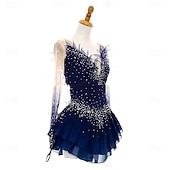 cheap Figure Skating Dresses-Figure Skating Dress Women's Girls' Ice Skating Dress Navy Blue Open Back Asymmetric Hem Mesh High Elasticity Training Competition Skating Wear Classic Crystal / Rhinestone Long Sleeve Ice Skating Figure