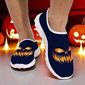 halpa Kengät miehille-Miesten mustat verkkokankaasta valmistetut slip-on-lenkkarit kurpitsakaavikuviolla – rennot halloween-teemaiset kevyet kengät juhliin, katutyyliin ja arkikäyttöön