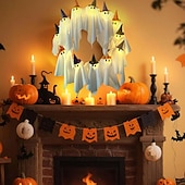 お買い得  ハロウィンのリースとフラワー装飾-ハロウィンゴーストリース、ライト付き、16インチ、12個のLEDライト、小さなライトアップホワイトゴーストガーランド、不気味な幽霊、ハロウィンリース、玄関に吊るす、魔女帽子、ゴースト、ホームパーティーのドア飾り