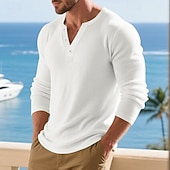 abordables t-shirts de base-Homme T-shirt Chemise Henley Chemise à Manches Longues manche longue Henley Printemps Automne Uni Mode Designer Basique Boutons Vacances Rue Sortir Noir Blanche Kaki T-shirt haut de gamme pour homme