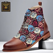 baratos Calçados de Declaração-Botas masculinas de tecido jacquard marrom com cadarço e estampa floral de rosas, sapatos sociais vintage elegantes para festas, casamentos e eventos gatsby