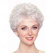 abordables perruque plus âgée-Perruques courtes blanches pour femmes, perruque bouclée avec frange, perruque de cheveux coupe lutin pour femme âgée pour cosplay, usage quotidien