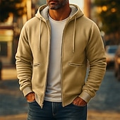 economico Felpa con cappuccio in pile-Per uomo Felpa con cappuccio Felpa con cappuccio a zip intera Felpa con cappuccio in pile Felpa con cappuccio foderata in pile Giallo Verde militare Cachi Grigio scuro Con Cappuccio Semplice Patchwork