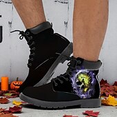 baratos Sapatos para Homens-Botas de combate masculinas com estampa de caveira flamejante – botas de cano curto estilo gótico de Halloween para festas, cosplay e uso ao ar livre
