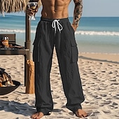 preiswerte Urlaub-Herren Leinenhosen Hose Sommerhose Strandhose Kordelzug Tasche Elastischer Bund Einfach Komfort Atmungsaktiv Urlaub Täglich Ferien Hawaiianisch Boho Schwarz Weiß Mikroelastisch
