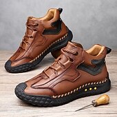 baratos Botas de cano curto-Tênis casual masculino de cano alto em couro sintético marrom com sola de borracha antiderrapante – calçado esportivo confortável com cadarço para caminhadas ao ar livre, viagens e uso diário