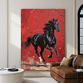 お買い得  動物画-オリジナルの赤黒の質感のある馬の油絵、キャンバスに描かれた野生の種馬の壁アート、馬のパレットナイフのアートワーク、モダンで大胆な乗馬の装飾