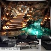 preiswerte Wandteppiche-Extra großer Wandteppich zum Thema Höhlenerkundung mit HD-Untergrund-Stalaktitendecke und türkisfarbener Flusslandschaft als Wandkunst, knitterfreies Polyester-Hängedekor für Wohnzimmer, Schlafzimmer,