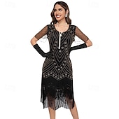 abordables Vestidos de los años 20-Rugido 20s 1920s Hasta la Rodilla Vestido Flapper Mangas cortas El gran Gatsby Chica de la aleta Lentejuelas Franja Funda Columna Escote en Pico Disfraz Mujer Navidad Carnaval Fiesta de Noche Boda