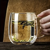 billige Kjøkkenutstyr og -redskap-2 stk. dobbeltveggede glasskaffekrus med håndtak, isolerte glasskopper i borsilikatglass med stor kapasitet, varmebestandig klart glass for kaffe, te, latte, cappuccino, smoothies og kalde drikker.