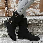 baratos Calçado-Botas de couro sintético de cano médio para mulheres, botas Martin de salto fino com salto fino