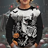 billiga Pojkes Halloween kostymer-Halloween Pojkar 3D Tecknat Dödskalle Spöke T-shirt Långärmad Vår Höst Mode Grundläggande Barn 4-12 år Rund hals Utomhus Ledigt Dagligen Normal