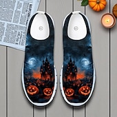 tanie Buty dla mężczyzn-Męskie pomarańczowe, wsuwane trampki Flyknit z nadrukiem dyni w stylu nawiedzonego domu – codzienne buty na festiwal Halloween, idealne na nocne imprezy, cosplay i wydarzenia na świeżym powietrzu