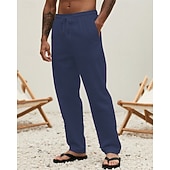 billiga Semester-Herr Linne Byxor Långbyxor Sommarbyxor Strandbyxor Snörning Ficka Elastisk midja Slät Komfort Andningsfunktion Semester Dagligen Helgdag Hawaiisk Boho 다크 카키 Svart