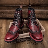 cheap Combat Boots-Men&#039;s Burgundy Faux Leather Combat Boots with Brogue Detailing – Durable Lace-Up Style for Casual Wear, Outdoor Walking, and Fashion Outfits