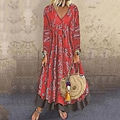 abordables Robes fleuries décontractées-Femmes Robe Longue Maxi Robe Robe Imprimée Mode Classique Moderne Extérieur Vacances Fête Coupe régulière Graphique Fleur manche longue Col en V Jaune Vin Bleu Vert Printemps
