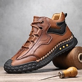 baratos Botas de cano curto-Tênis casual masculino de cano alto em couro sintético marrom com sola de borracha antiderrapante – calçado esportivo confortável com cadarço para caminhadas ao ar livre, viagens e uso diário