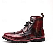 cheap Combat Boots-Men&#039;s Burgundy Faux Leather Combat Boots with Brogue Detailing – Durable Lace-Up Style for Casual Wear, Outdoor Walking, and Fashion Outfits