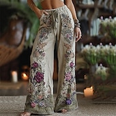 رخيصةأون ساق واسعة وخصر عالي-نسائي ساق عريضه سراويل سروال بالازو موضة بوهو مكتمل الطول خصر عالي زهور مرونة الخصر رباط طباعة التنفس إمكانية مريح شارع مناسب للبس اليومي مناسب للخارج أخضر داكن الربيع الخريف عادي