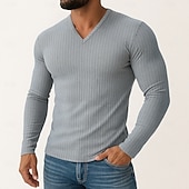 economico T-shirt in maglia a coste-Per uomo Maglietta Maglietta a Maglia a Coste Camicia a Maniche Lunghe Manica Lunga Scollo a V Primavera Autunno Inverno Semplice Striscia di Fossa Moda Designer Essenziale Lavoro a maglia Vacanza