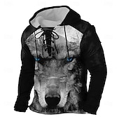 baratos Estampa animal-Homens Lobo 3D Moletons à moda Casual Manga Longa Com Capuz Feriado Streetwear Preto Marron Com Cordão Arte Gráfica Outono Inverno Designer