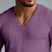 お買い得  リブニットTシャツ-男性用 メンズVネックリブニットTシャツ リブニットTシャツ ティートップ 長袖 Ｖネック 夏 春 秋 平織り ジャカード 近代の カジュアル 快適 ボタン ベーシック 家 ストリート カジュアル ホワイト ブルー ネイビーブルー メンズトップTシャツ